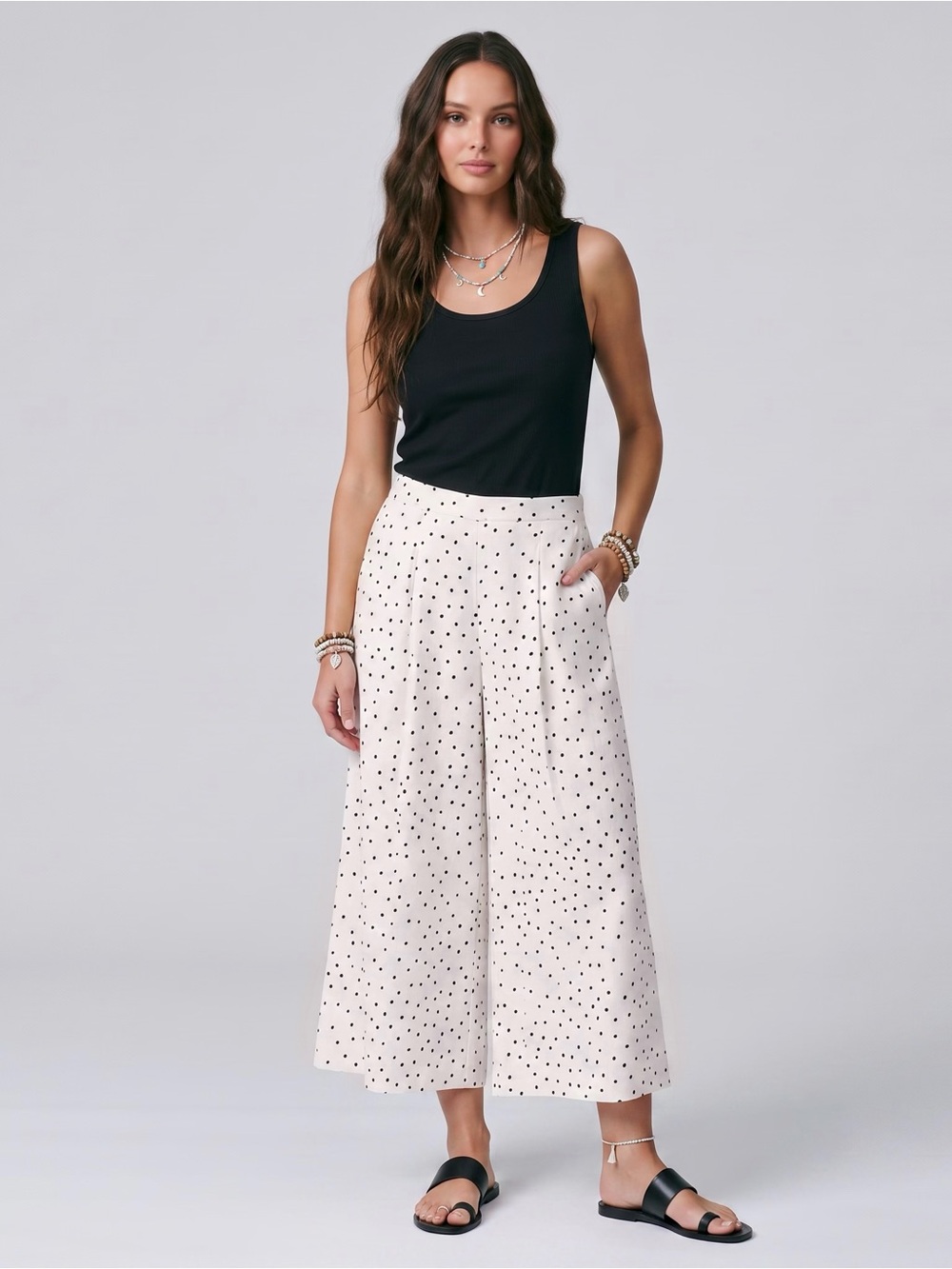 NWT $129 Women’s Lucy Paris Polka Dot Palazzo Wide Leg Pants Soft-White Black M